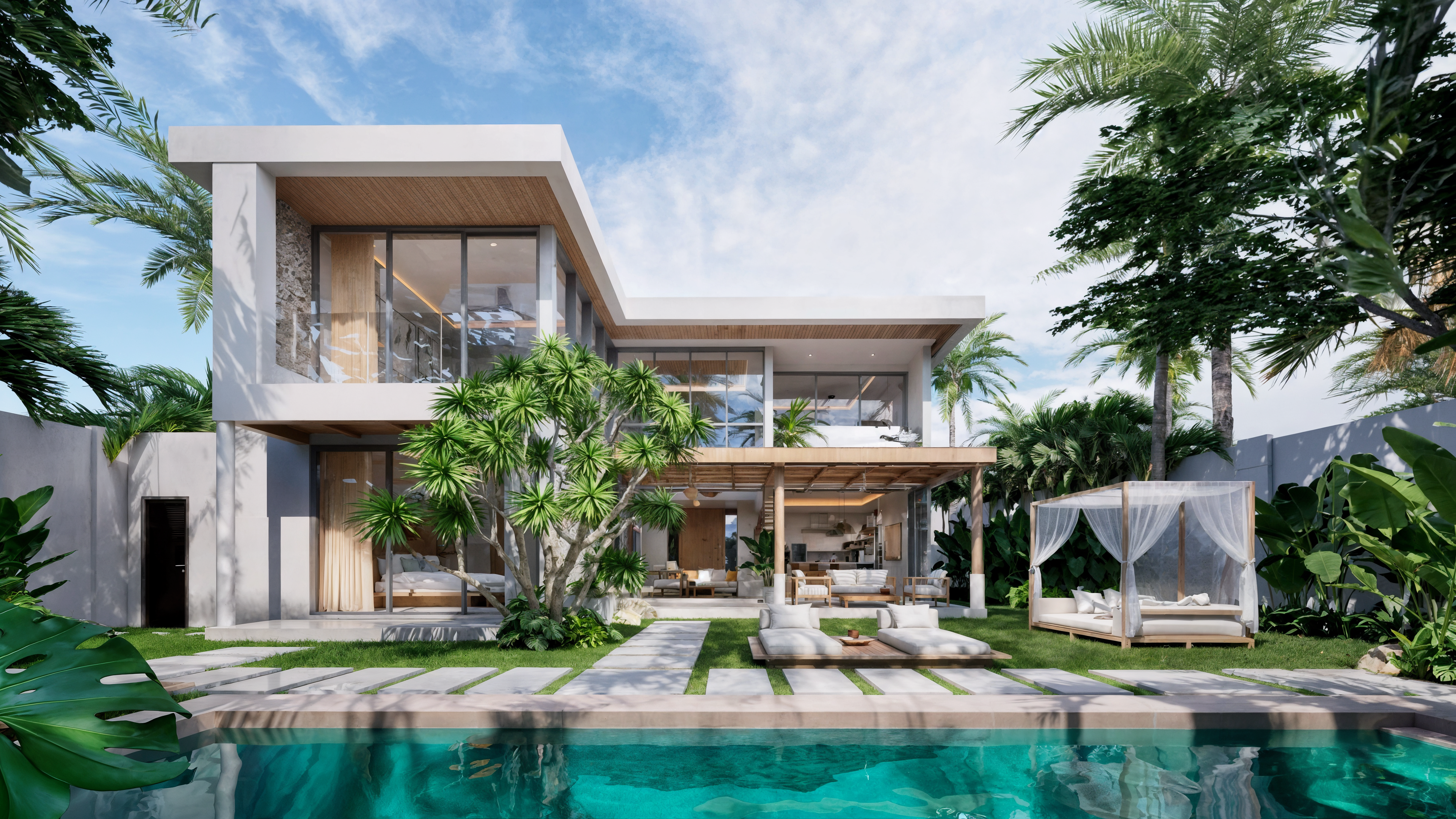 Villa rear elevation with pool and garden cabana